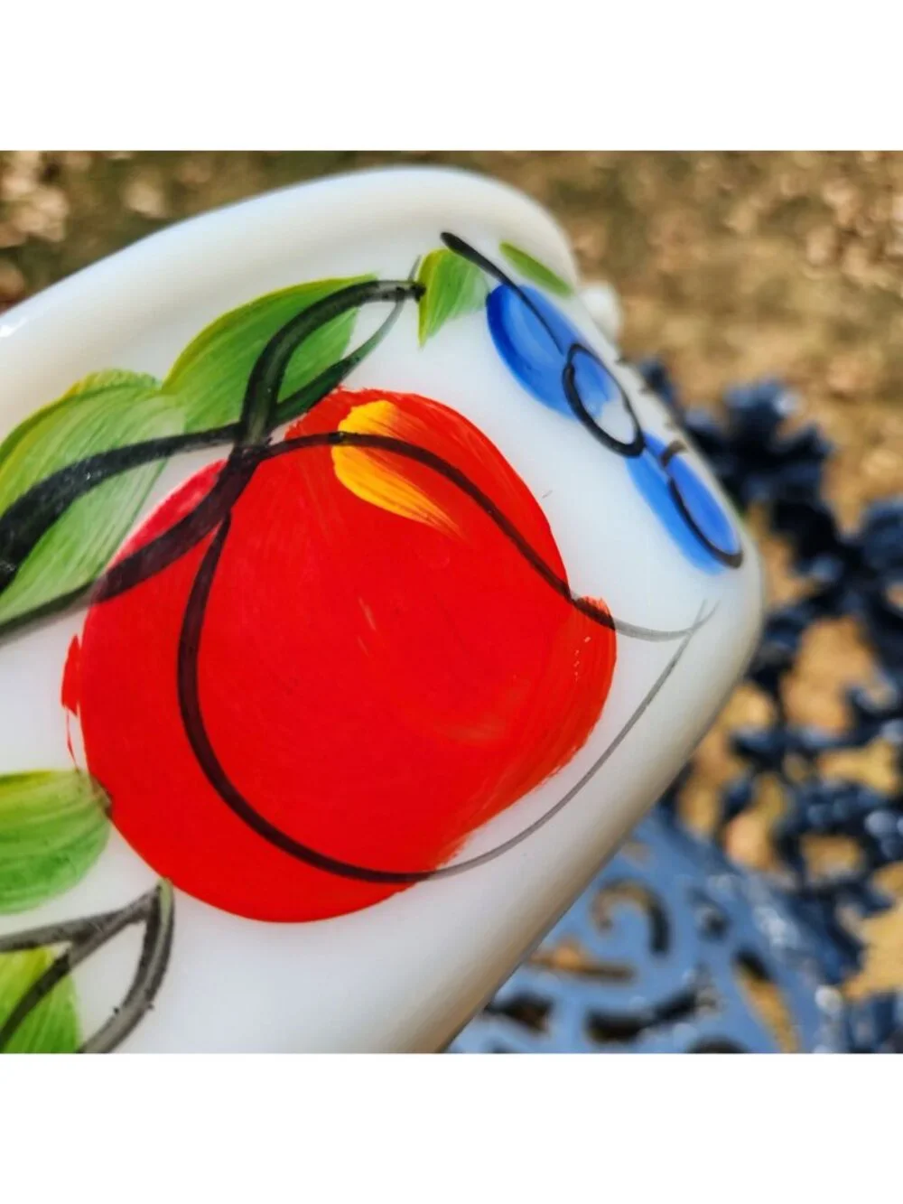 Fire-King Anchor Hocking Milk Glass 1.5 qt Bowl with Hand-Painted Fruit Design
